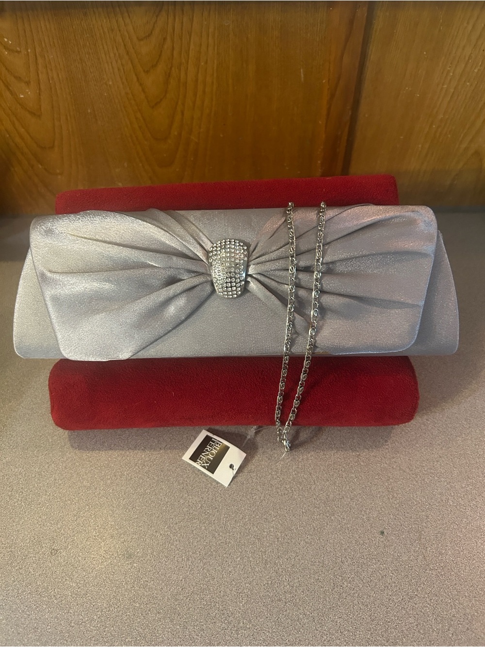 NWT Silvee Satin Rhinestone Bow Evening Clutch